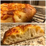 Close-up of a slice showing the airy crumb structure of sourdough discard pizza dough.