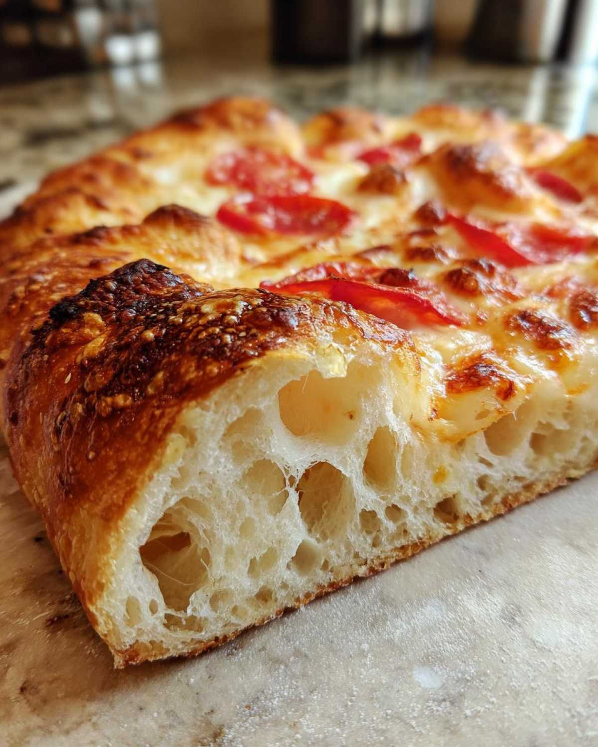 Close-up cross-section showing the airy, open crumb structure of sourdough discard pizza dough.