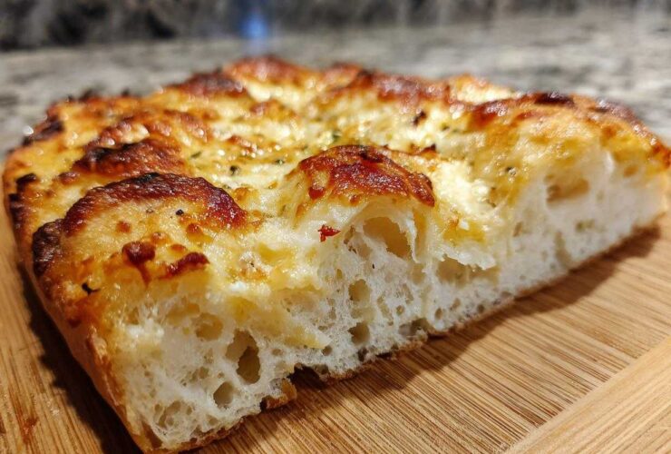 Close-up cross-section showing the airy crumb structure of sourdough discard pizza dough topped with melted, browned cheese.