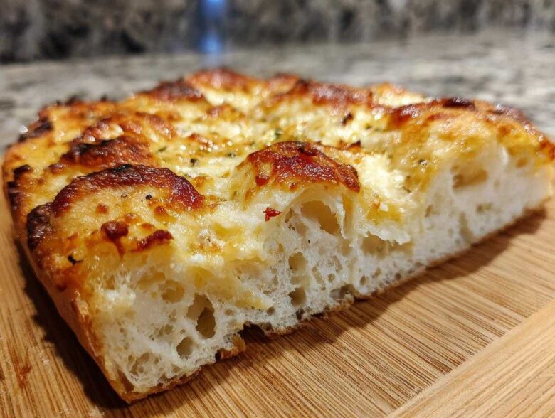 Close-up cross-section showing the airy crumb structure of sourdough discard pizza dough topped with melted, browned cheese.