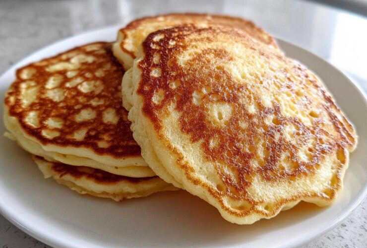A stack of three golden-brown sourdough pancakes with lacy edges resting on a white plate.