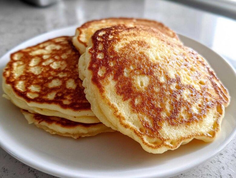 A stack of three golden-brown sourdough pancakes with lacy edges resting on a white plate.