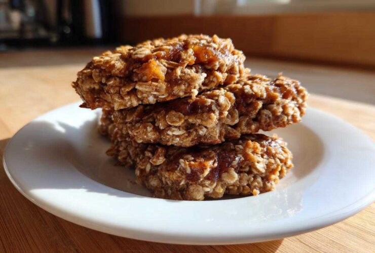 A stack of three homemade 2-ingredient breakfast cookie oat rounds on a white plate.