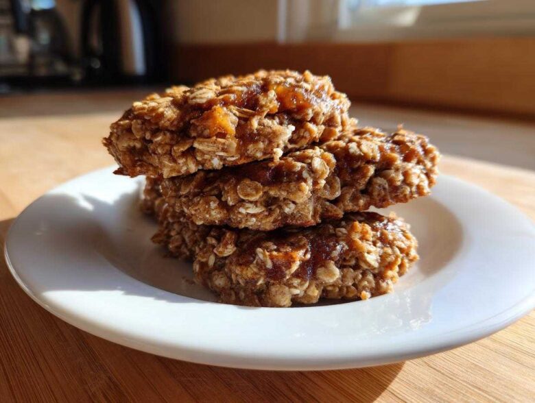 A stack of three homemade 2-ingredient breakfast cookie oat rounds on a white plate.