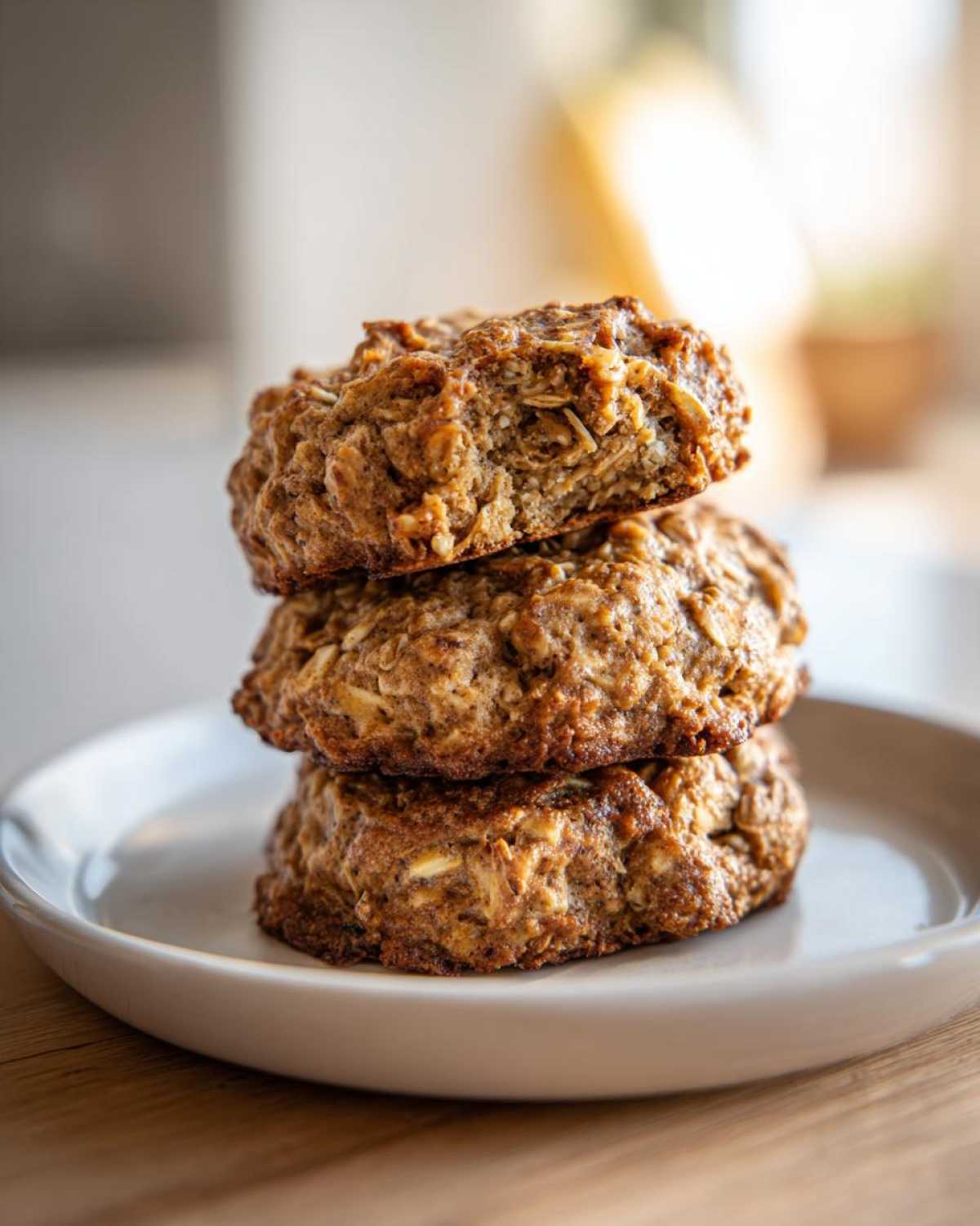 Close-up of three stacked, golden-brown 2-ingredient breakfast cookie made with oats, sitting on a small white plate.