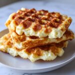A close-up stack of three golden-brown, fluffy high protein waffles served on a white plate.