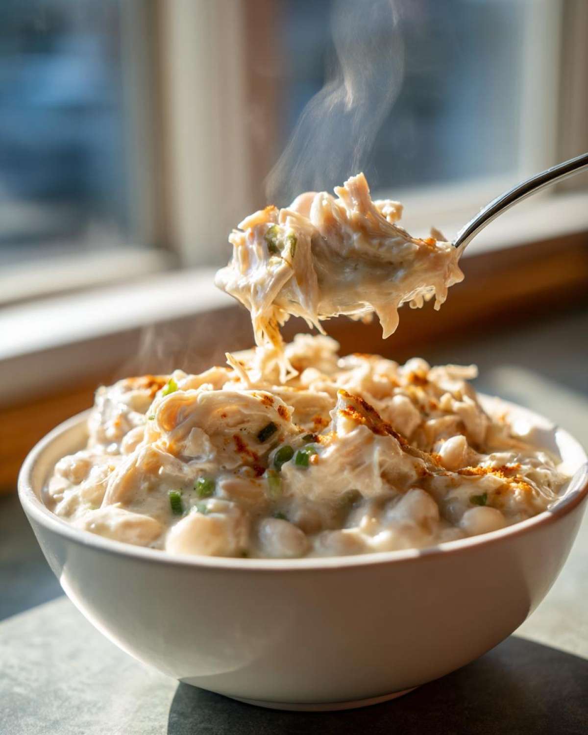 A spoonful of steaming crockpot white chicken chili being lifted from a white bowl, showing shredded chicken and beans.