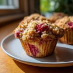 A close-up of a delicious strawberry muffin topped with golden streusel, sitting on a white plate.
