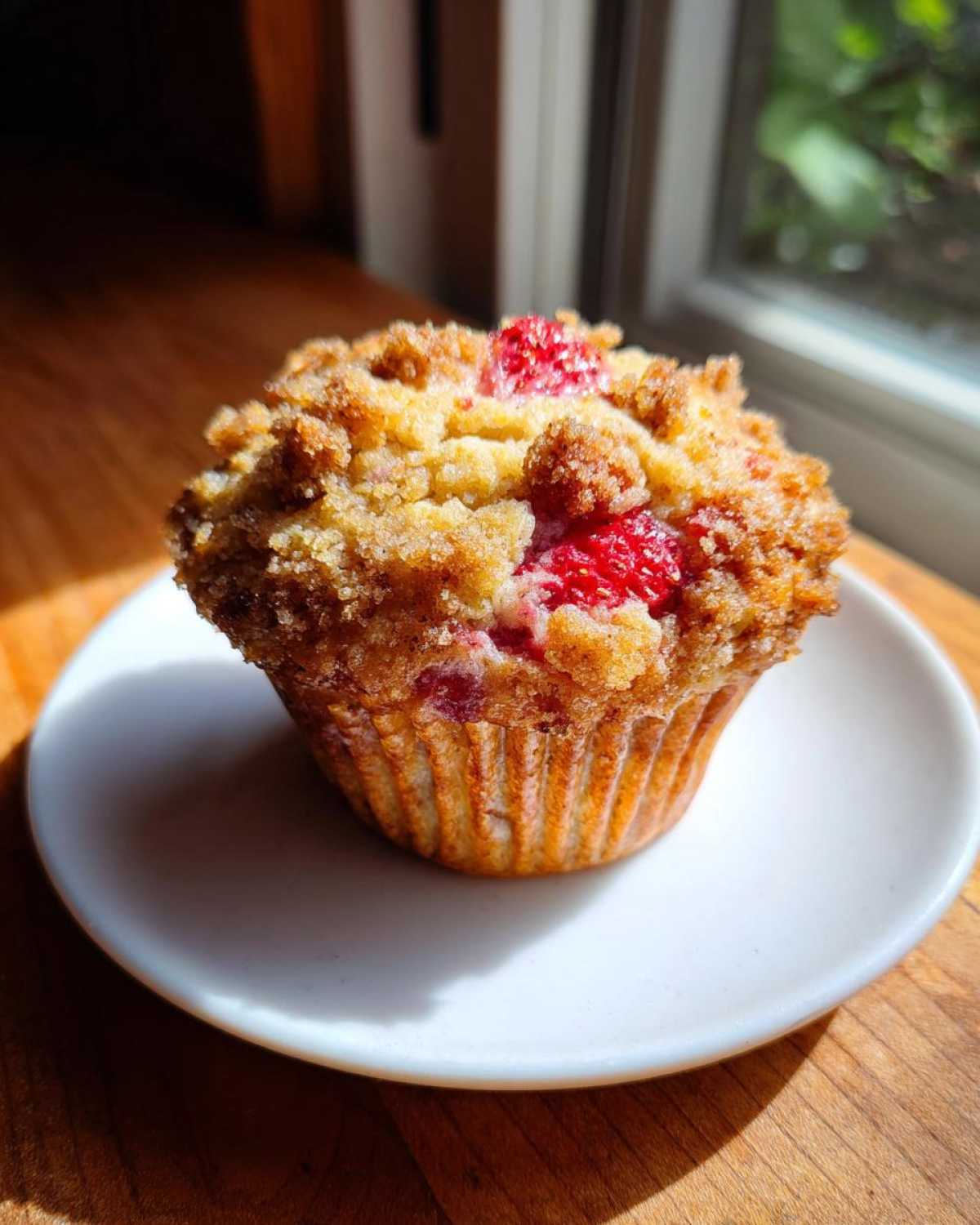 A close-up of a single, golden-brown strawberry muffins topped with a sugary crumb topping and visible fresh strawberries.