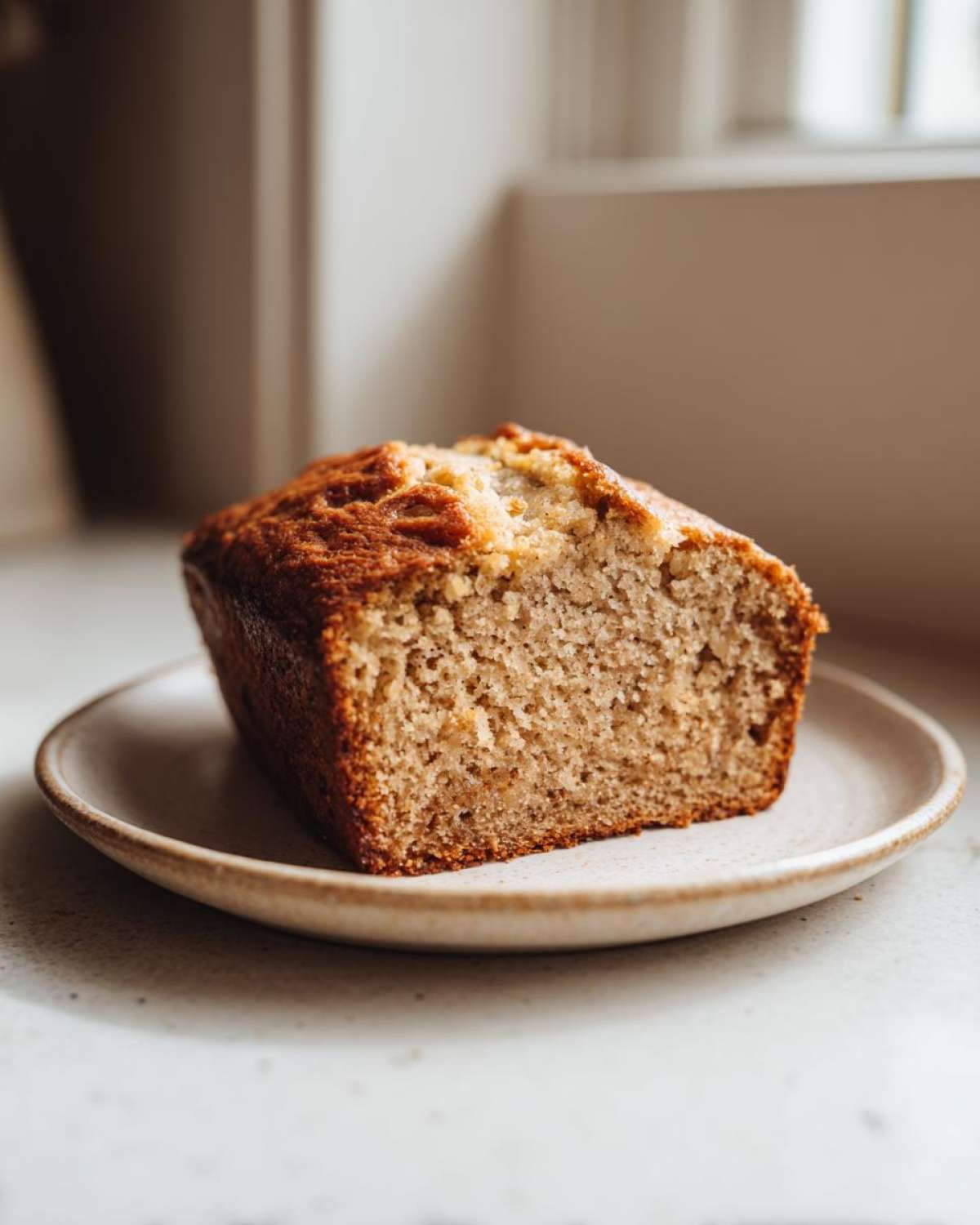 A close-up of a moist sugar free banana bread with a golden-brown crust, resting on a small ceramic plate.