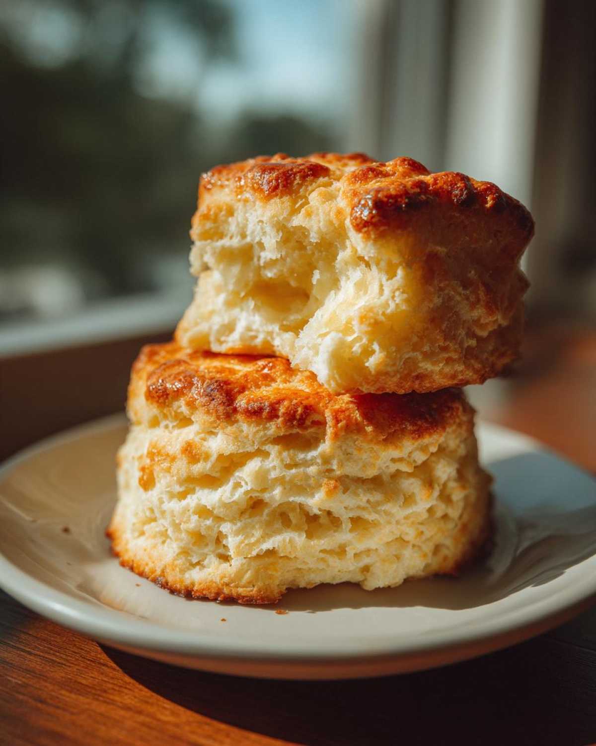 Two tall, flaky, golden-brown scones stacked on a plate, highlighting the layers of the best scones recipe.