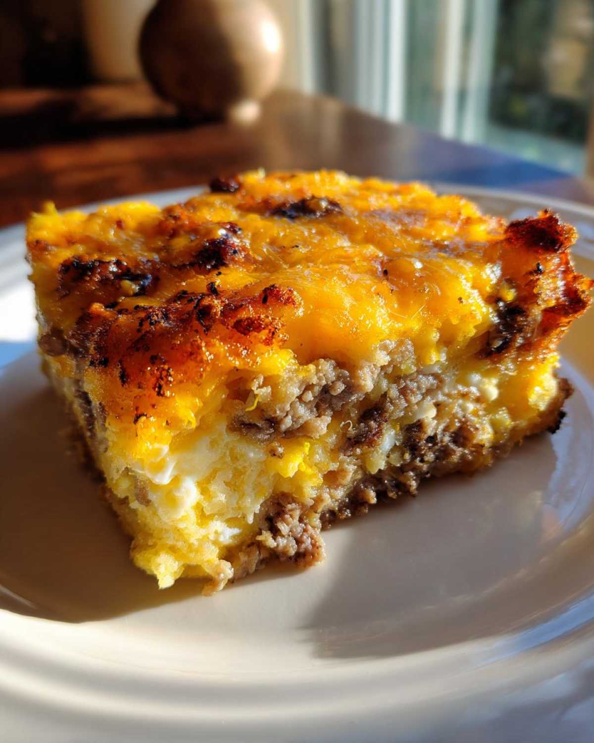 A close-up slice of tater tot breakfast casserole featuring layers of egg, sausage, and melted, browned cheddar cheese.