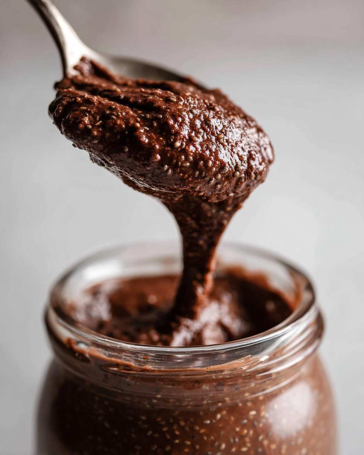 A spoonful of thick, rich chocolate overnight oats mixture, showing visible chia seeds, being lifted from a glass jar.