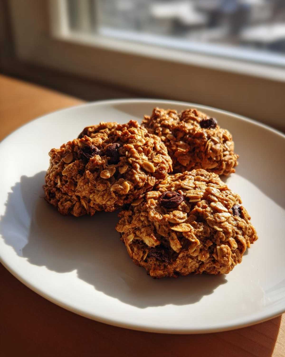Three textured oatmeal cookie treats, studded with raisins, sitting on a white plate in bright sunlight.