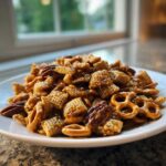 A close-up of a mound of sticky, glazed toffee chex mix recipe featuring Chex cereal, pretzels, and pecans on a white plate.