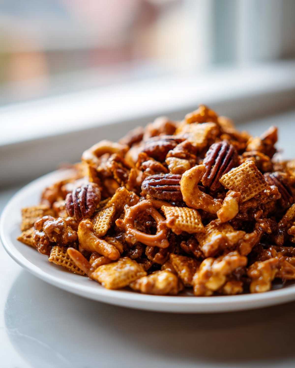 A close-up shot of a white plate piled high with crunchy, glazed toffee chex mix recipe ingredients including pecans and cashews.