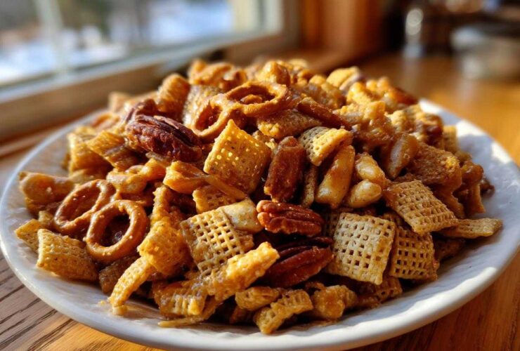 A mound of homemade toffee chex mix recipe featuring Chex cereal, pretzels, and pecans coated in a shiny toffee glaze.