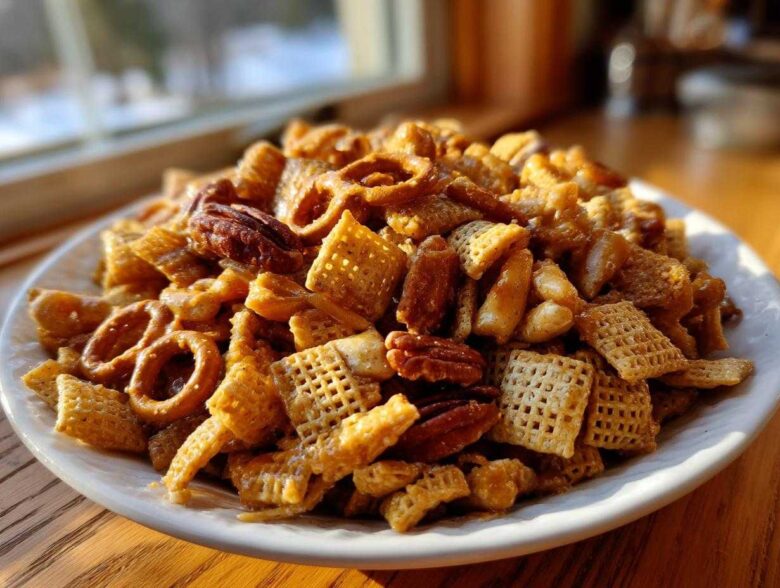 A mound of homemade toffee chex mix recipe featuring Chex cereal, pretzels, and pecans coated in a shiny toffee glaze.