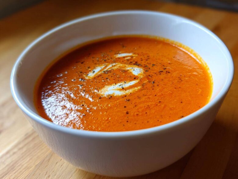Close-up of a white bowl filled with vibrant orange tomato bisque, garnished with a swirl of cream and cracked black pepper.