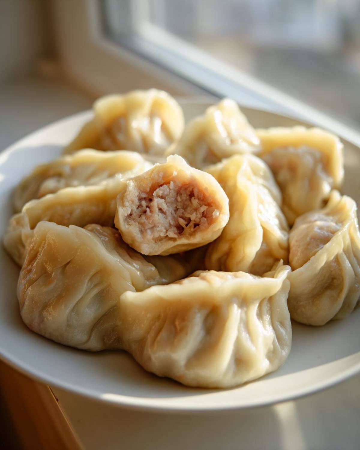 A plate of steamed Traditional Chinese Dumplings, one cut open to show the savory meat filling inside.
