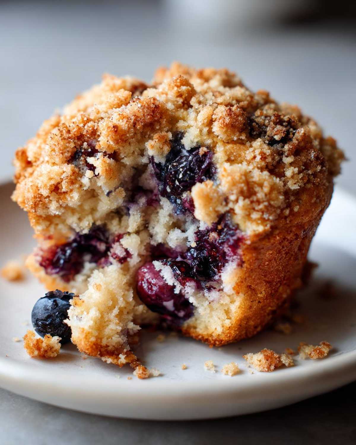 A close-up of a blueberry muffin broken open, showing moist interior, juicy blueberries, and a crunchy streusel topping.