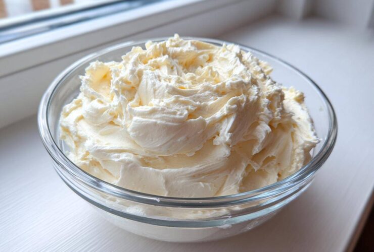 A clear glass bowl filled with freshly whipped, creamy vanilla buttercream frosting sitting on a white surface.