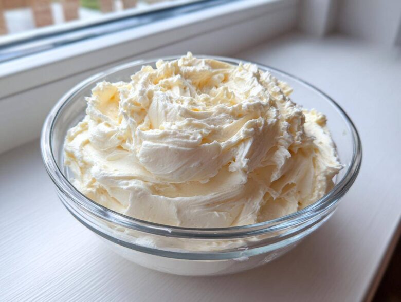 A clear glass bowl filled with freshly whipped, creamy vanilla buttercream frosting sitting on a white surface.