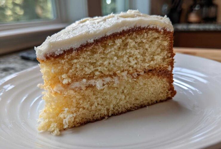 Close-up of a moist slice of vanilla cake with white frosting, showing the crumb texture.