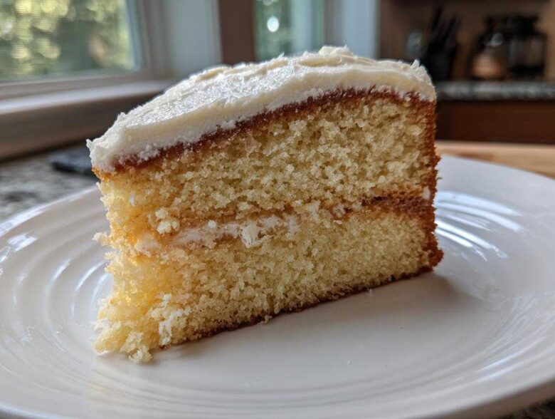 Close-up of a moist slice of vanilla cake with white frosting, showing the crumb texture.