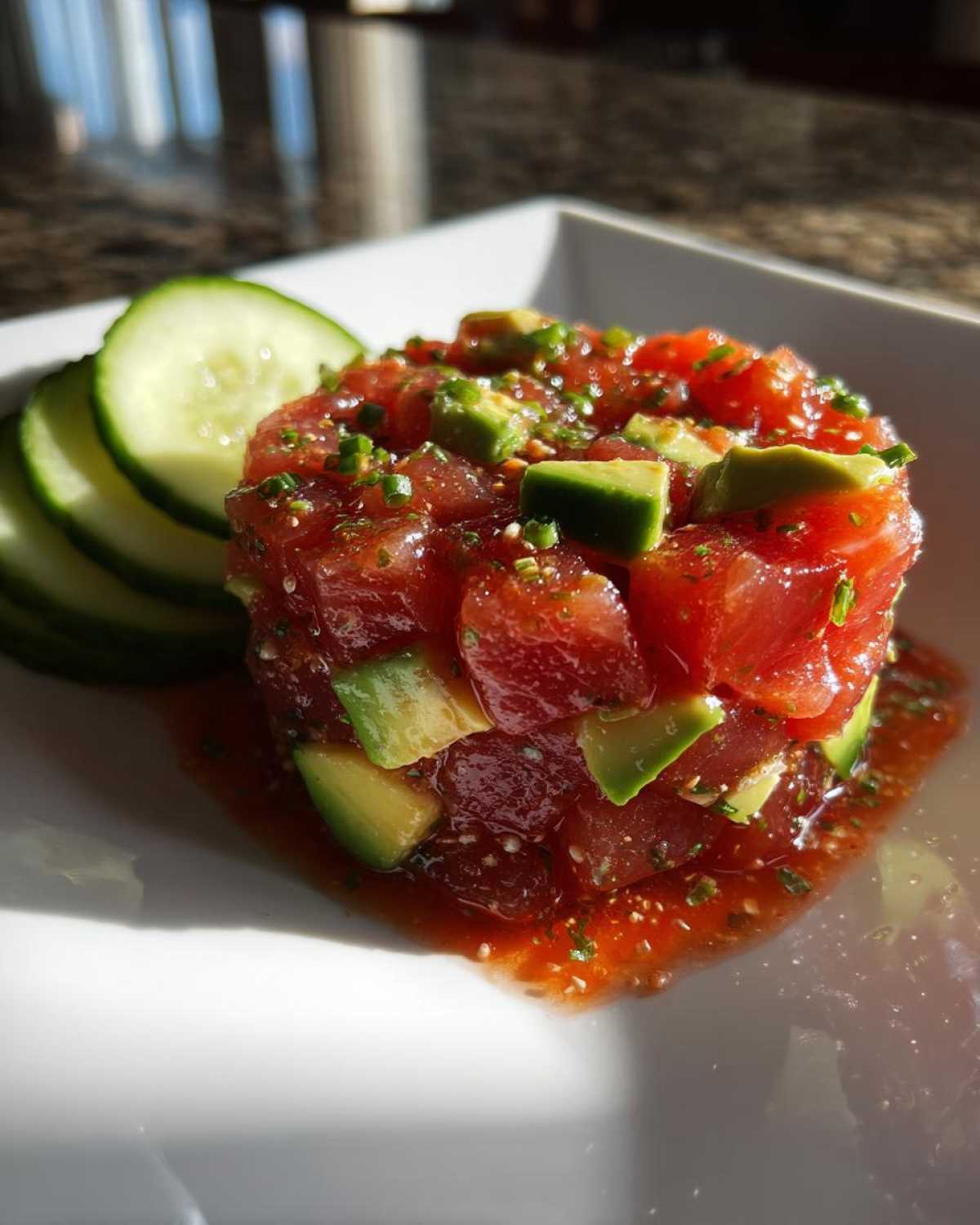 A molded serving of fresh tuna tartare mixed with avocado chunks and garnished with sliced cucumber.