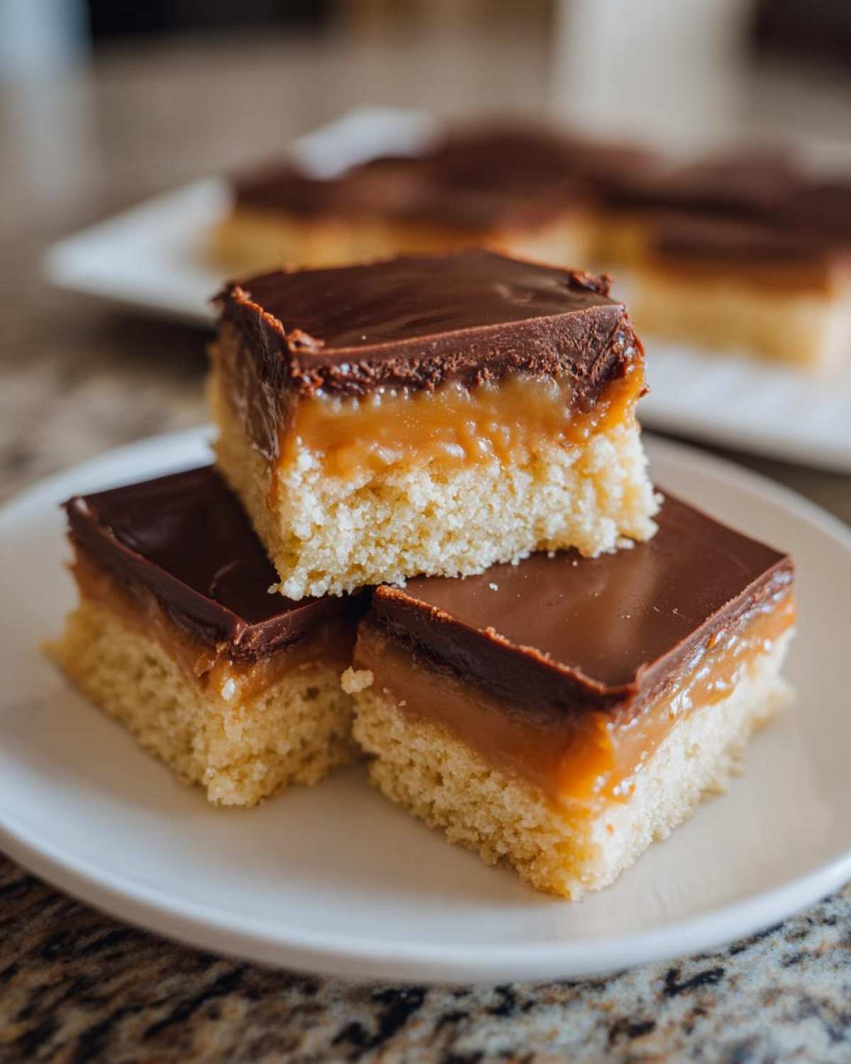 Three stacked squares of homemade twix bars showing the shortbread base, gooey caramel layer, and dark chocolate topping.