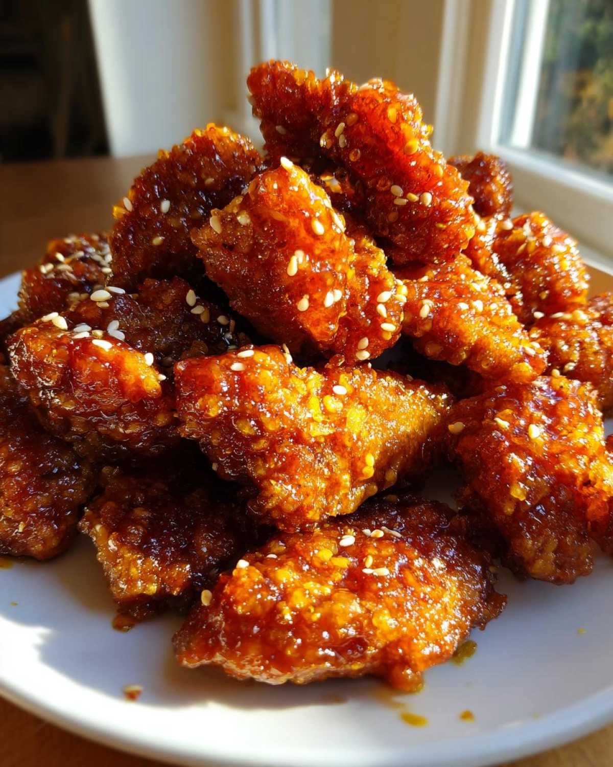 A pile of crispy, glazed orange chicken recipe pieces topped with white sesame seeds on a white plate.