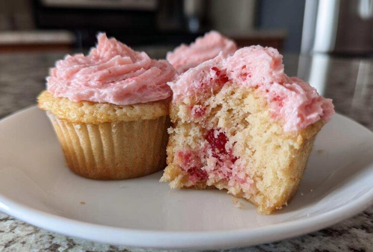Two strawberry cupcakes on a white plate, one whole and one bitten to show the pink filling inside the cake base.