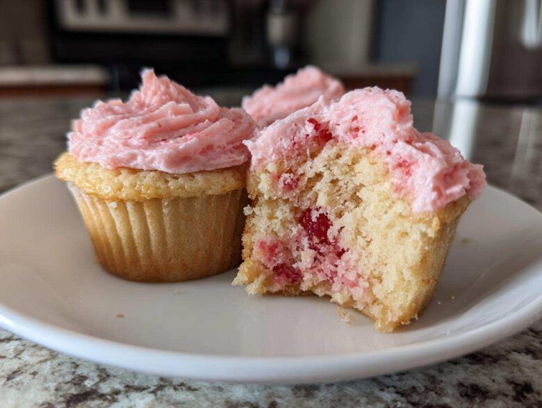 Two strawberry cupcakes on a white plate, one whole and one bitten to show the pink filling inside the cake base.