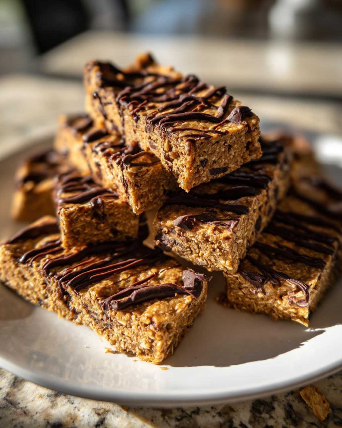 A stack of homemade, chewy protein bars drizzled with dark chocolate, ready to eat.