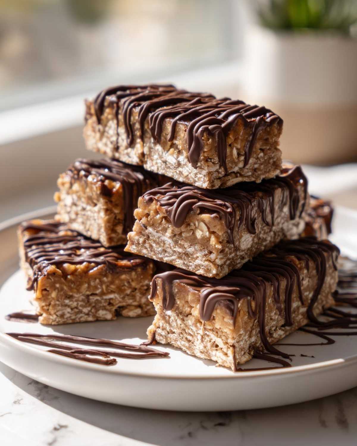 A stack of homemade 5-ingredient protein bars, featuring a chewy texture and drizzled generously with melted dark chocolate.