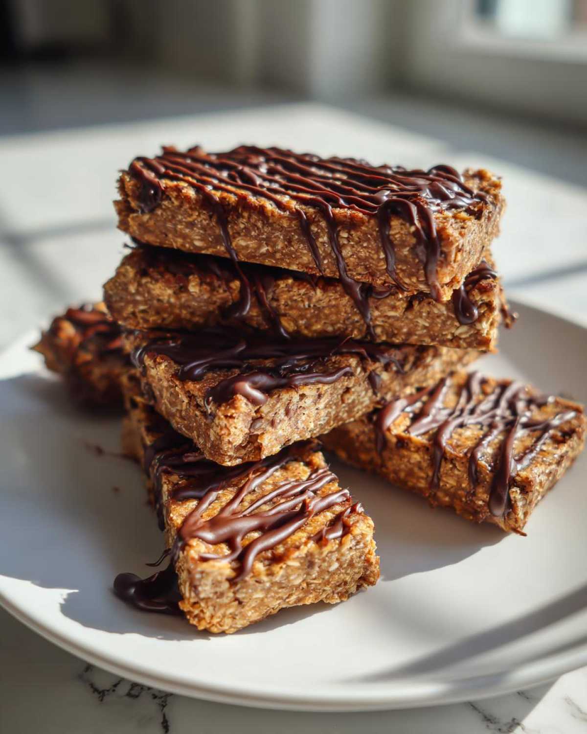 A stack of homemade protein bars drizzled with melted chocolate, sitting on a white plate in bright sunlight.