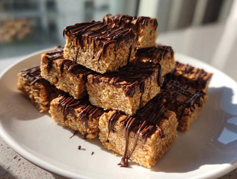 A stack of homemade 5-ingredient protein bars drizzled generously with melted dark chocolate on a white plate.