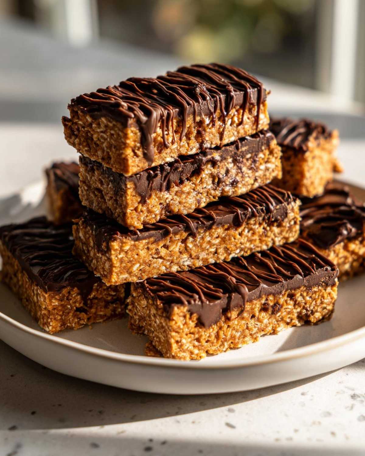 A stack of homemade, chewy protein bars topped with melted chocolate drizzle, ready to eat.