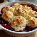 Close-up of a warm berry cobbler with golden biscuit topping bubbling over dark berry filling in a white baking dish.