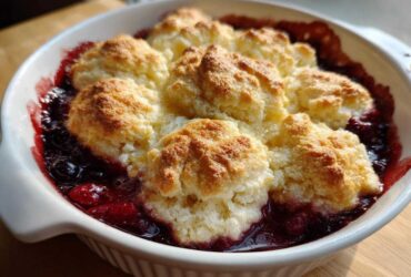 Close-up of a warm berry cobbler with golden biscuit topping bubbling over dark berry filling in a white baking dish.