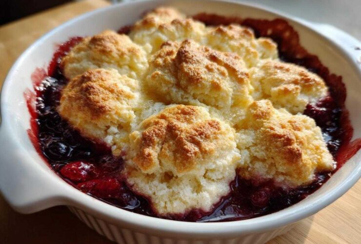 Close-up of a warm berry cobbler with golden biscuit topping bubbling over dark berry filling in a white baking dish.