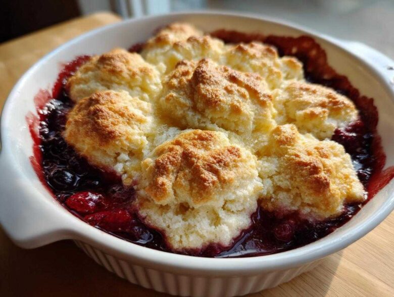 Close-up of a warm berry cobbler with golden biscuit topping bubbling over dark berry filling in a white baking dish.