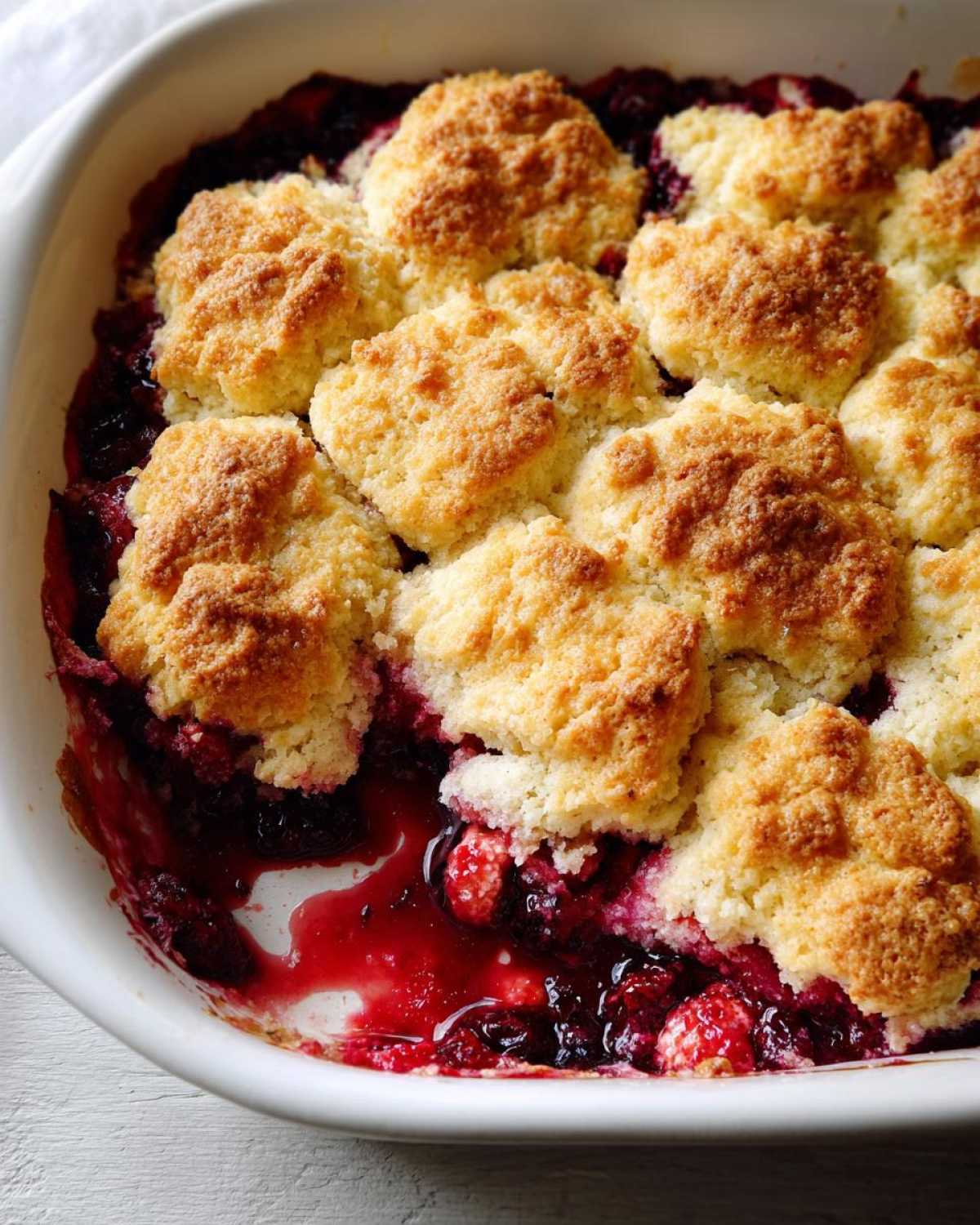 Close-up of a freshly baked berry cobbler in a white dish, showing bubbling red fruit filling and golden biscuit topping.