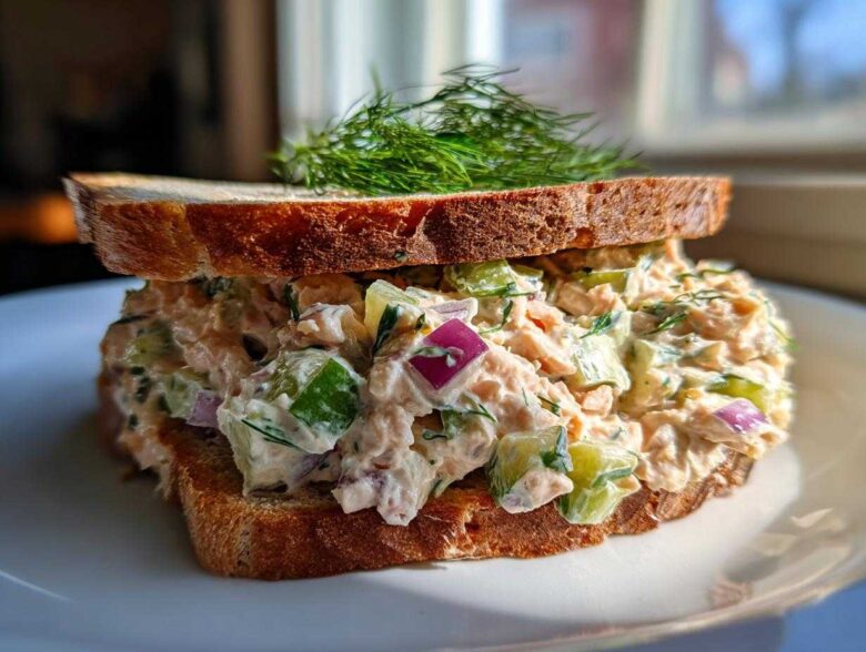 A thick sandwich filled with creamy salmon salad, diced cucumber, and red onion, topped with fresh dill.