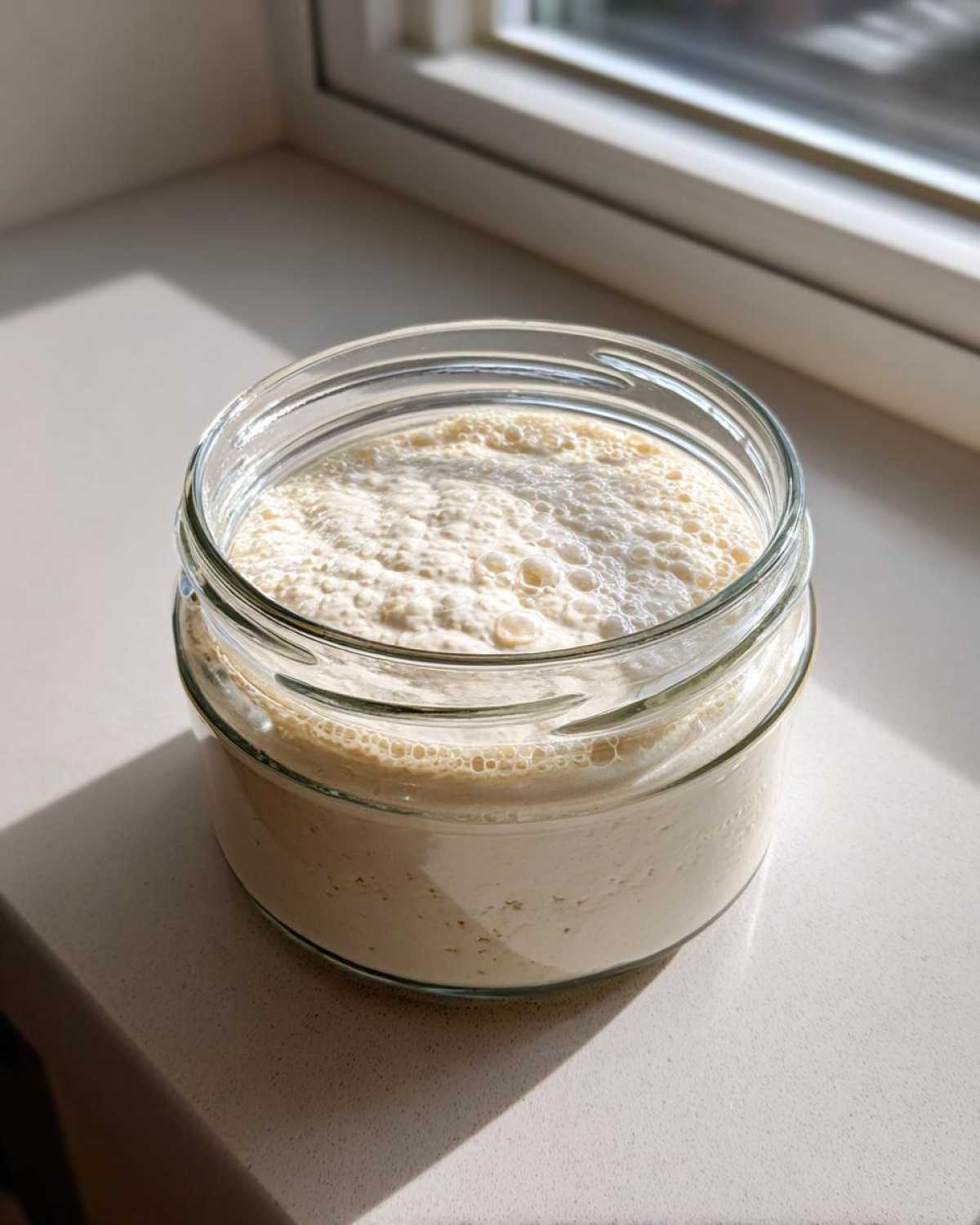 A highly active sourdough starter, full of bubbles and risen high, sitting in a clear glass jar near a window.