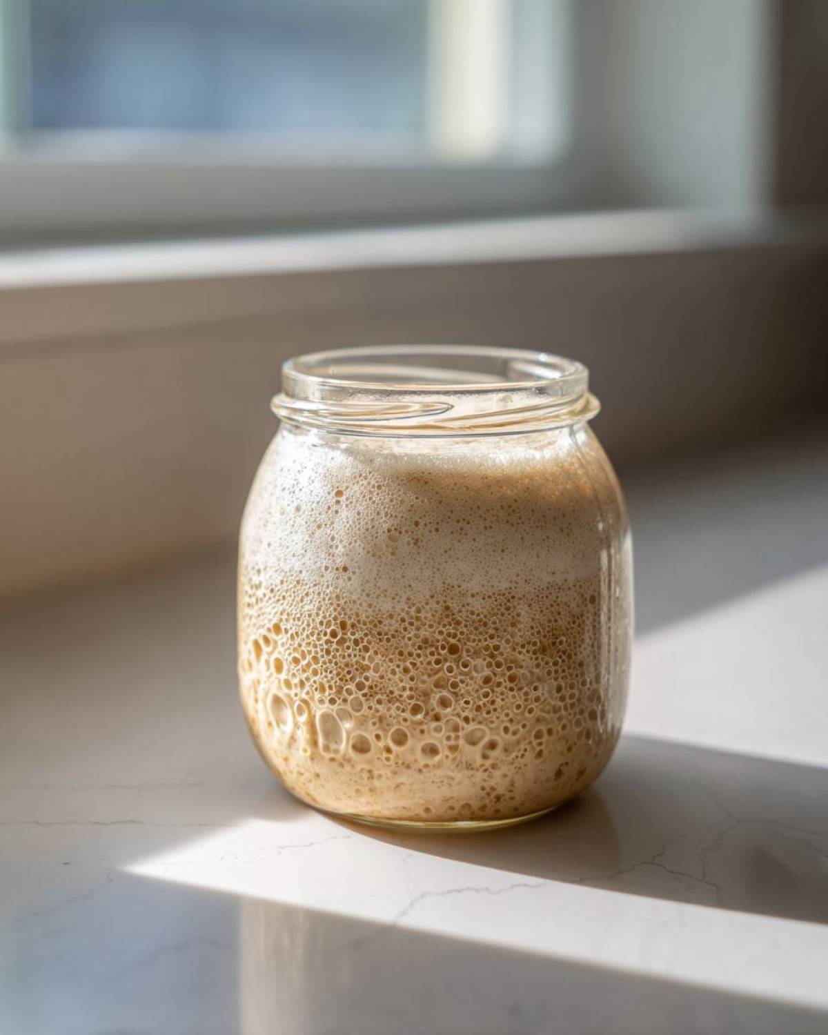 A highly active sourdough starter, full of bubbles and foam, sitting in a glass jar on a white countertop.