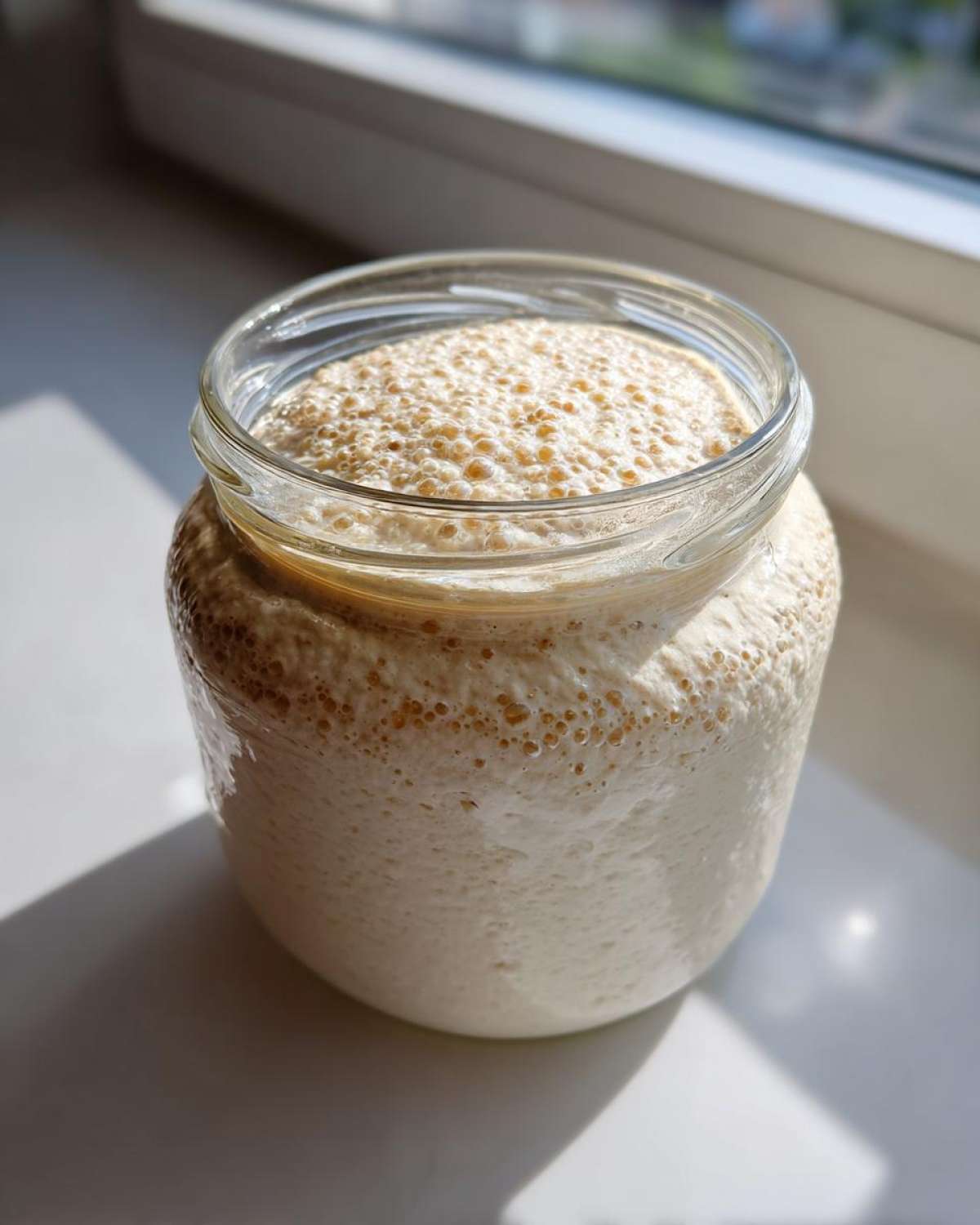 A highly active sourdough starter, full of bubbles and risen high in a clear glass jar.