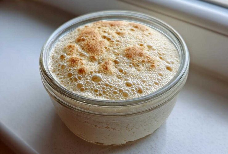 A jar containing a very active sourdough starter, showing a thick layer of foam and bubbles on top.