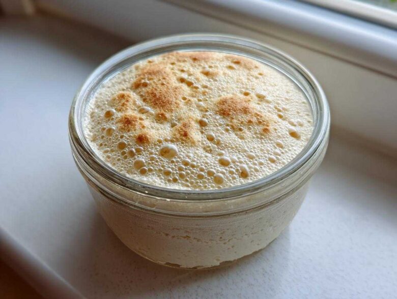 A jar containing a very active sourdough starter, showing a thick layer of foam and bubbles on top.
